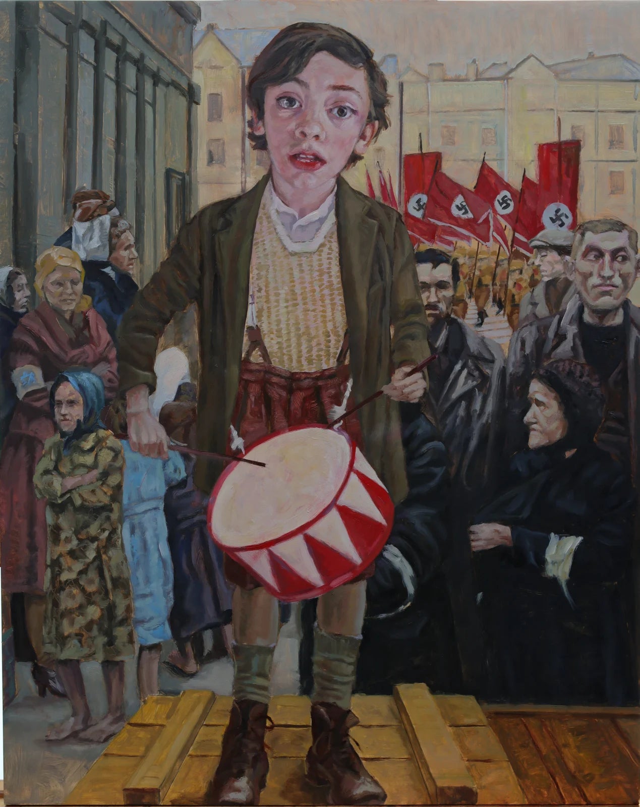 Painting of a young boy with a drum in a crowded street scene.